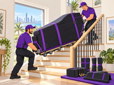 Illustration of two movers guiding a protected grand piano up a narrow staircase