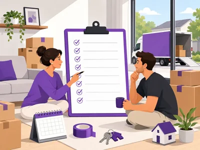 A couple working through a moving checklist beside packed boxes and a calendar