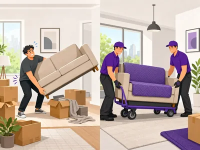 One person struggling with a couch alongside two movers using a trolley