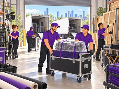 Illustration of five movers relocating film equipment and scenery with two trucks