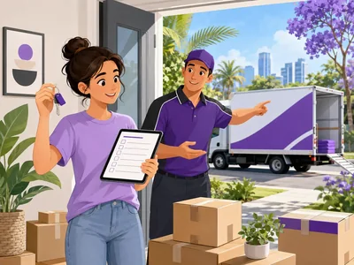 First-time mover holding keys and a checklist beside a SwiftMove truck