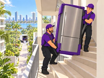 Illustration of two movers carrying a protected fridge up a tight apartment staircase