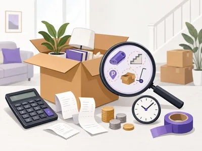 A magnifying glass over a moving box beside a calculator, receipt and coins