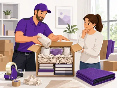 A mover wrapping fragile kitchen items while the customer looks on