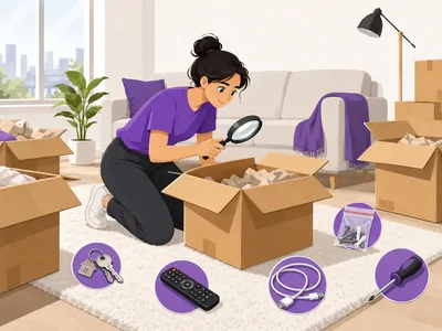 Searching a moving box for keys, a remote and cables