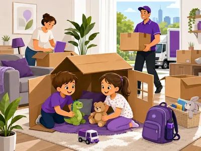 Children playing in a cardboard fort while their parents pack around them