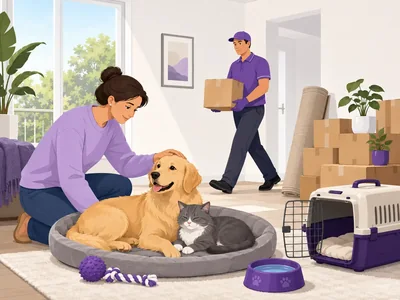Settling a dog and cat beside a pet carrier while a mover carries boxes