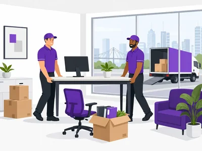 Movers relocating desks and office chairs during a Brisbane office move
