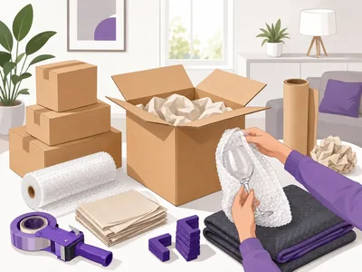 Moving boxes, paper, bubble wrap, tape and blankets laid out ready to pack