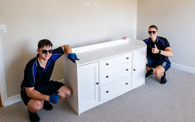Two SwiftMove movers beside a white chest of drawers after delivery